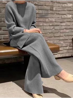 Solid Color Ribbed Sweater and Pants Set
